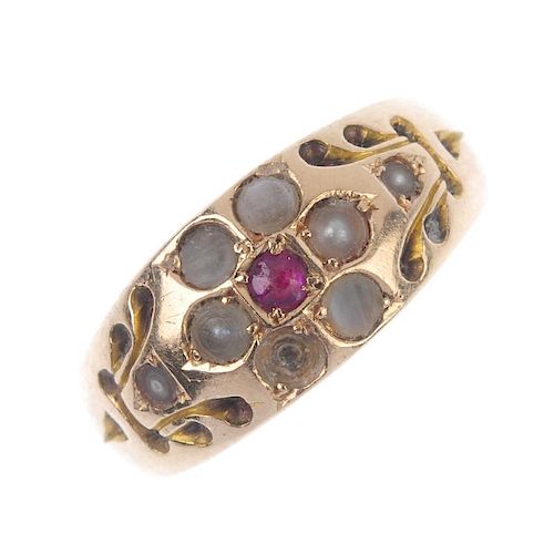 A late Victorian 15ct gold ruby and split pearl ring and a foil-back and seed pearl foliate brooch.