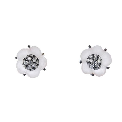 A pair of rose quartz and diamond floral ear studs. Each designed as a brilliant-cut diamond cluster