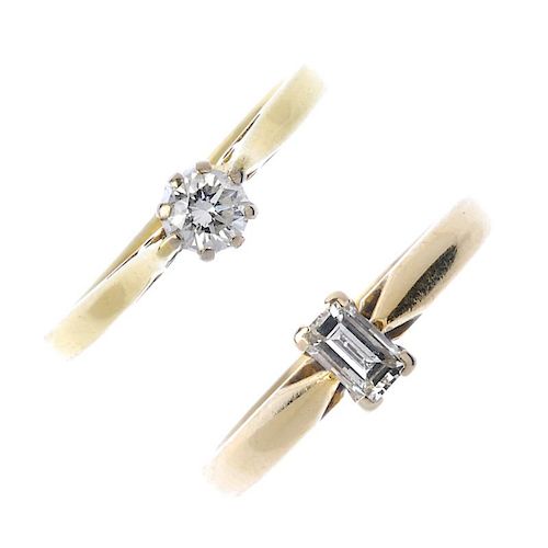 Two 18ct gold diamond rings. Each designed as a brilliant-cut diamond and rectangular-shape diamond,