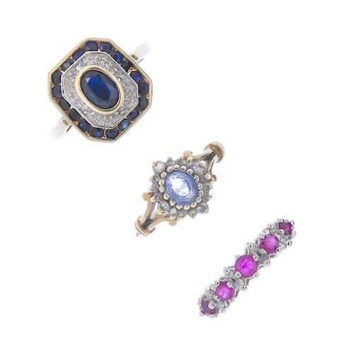 A selection of three 9ct gold diamond and gem-set rings. To include a ruby and diamond line ring, to