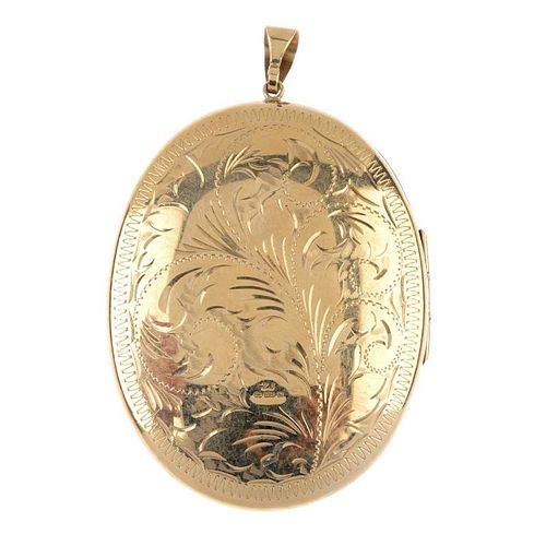 A 9ct gold locket. The oval shape locket, with foliate and scroll embossed front and back. Hallmarks