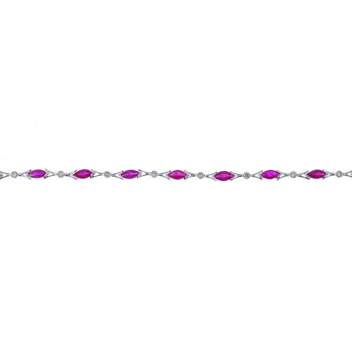 A ruby and diamond line bracelet. Designed as a series of marquise-shape rubies, with brilliant-cut
