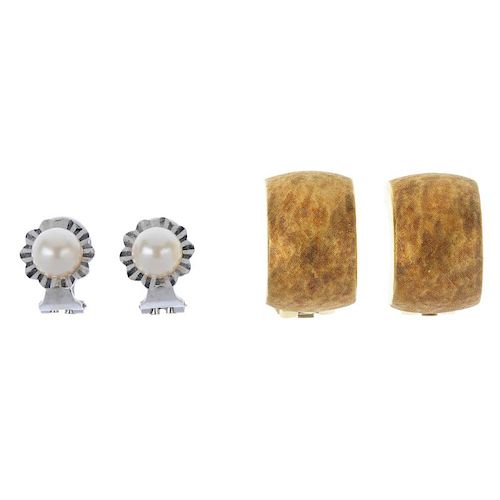 Two pair of ear clips. To include a pair of cultured pearl floral ear clips, together with a pair of