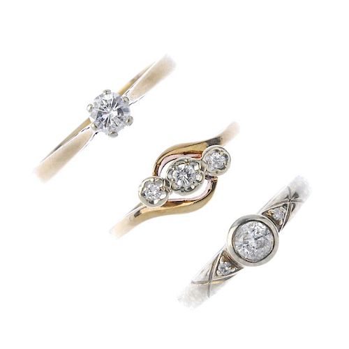 Three 9ct gold diamond rings. To include a brilliant-cut diamond single-stone ring, a brilliant-cut