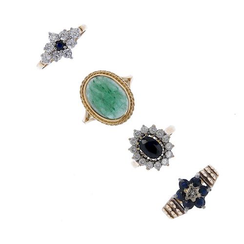 A selection of seven gem-set ring. To include an aventurine quartz cabochon ring, an oval-shape sapp