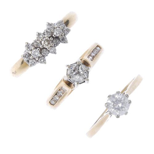 A selection of three 9ct gold diamond rings. To include a brilliant-cut diamond trefoil cluster ring