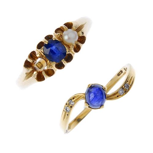 Two 18ct gold sapphire and gem-set dress rings. To include an oval-shape sapphire and split pearl th