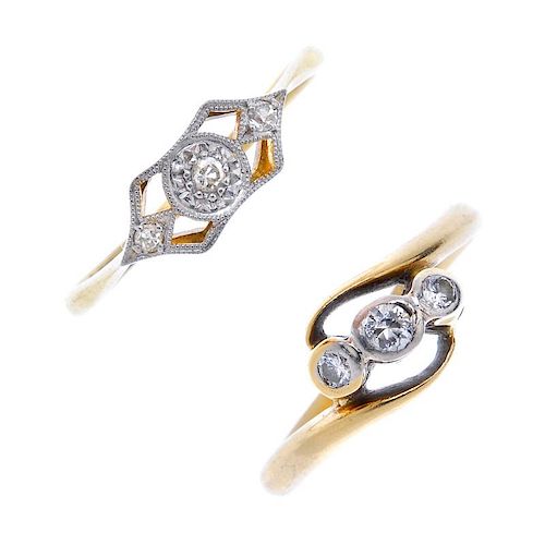 Two mid 20th century 18ct gold and platinum diamond dress rings. The first designed as an old-cut di