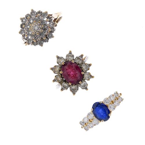 A selection of six gem-set dress rings. To include a 14ct gold oval-shape synthetic sapphire and cub