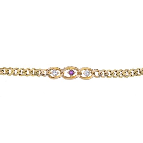 A ruby and diamond bracelet. The circular-shape ruby and old-cut diamonds, each within a curb link,