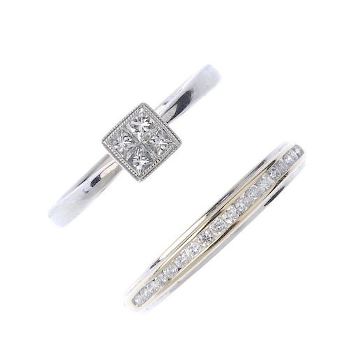 Two 18ct gold diamond rings. To include, a square-shape diamond panel ring, together with a brillian