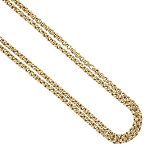 An early 20th century 15ct gold longuard chain. The grooved belcher-link chain, to the spring ring c