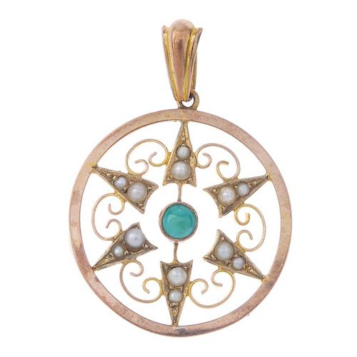 An early 20th century 9ct gold turquoise and split pearl pendant. Of openwork design, the circular t