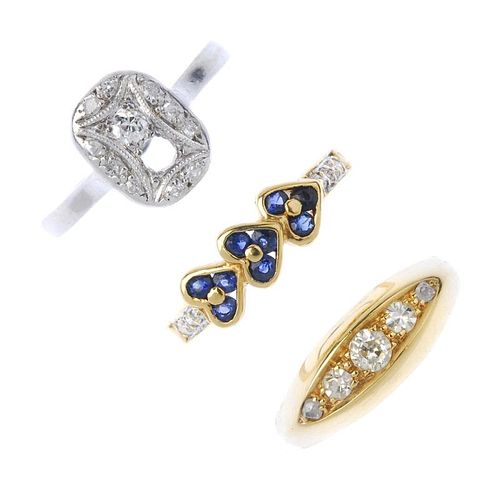 A selection of three diamond rings. To include a five-stone diamond ring, an 18ct gold sapphire hear