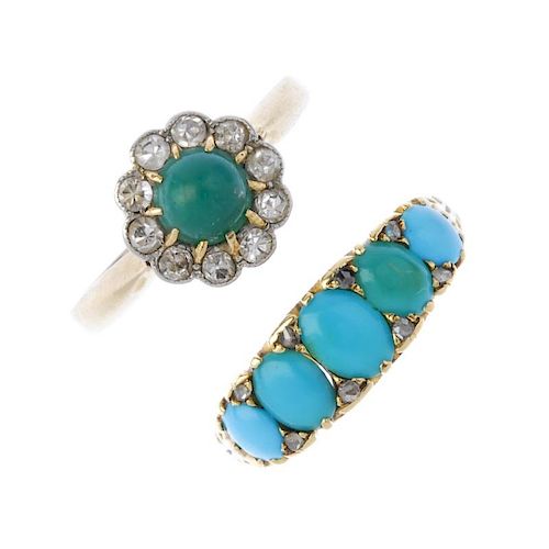 Two early 20th century 18ct gold turquoise and diamond rings. To include a circular turquoise and ol