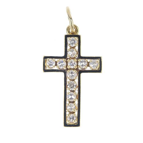 A diamond and enamel cross pendant. The brilliant-cut diamond cross, within a black enamel border. E