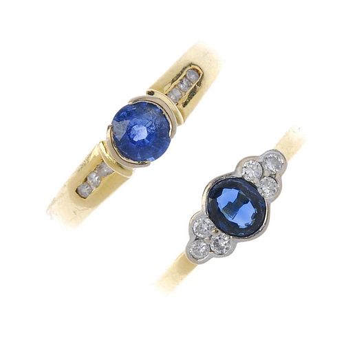 Two 18ct gold sapphire and diamond rings. To include a circular-shape sapphire and single-cut diamon