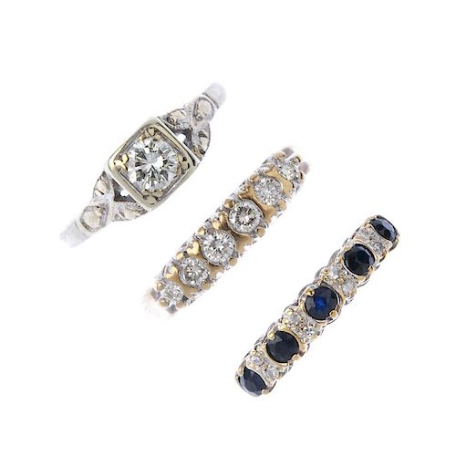 A selection of three 9ct gold diamond rings. To include a brilliant-cut diamond single-stone ring, a