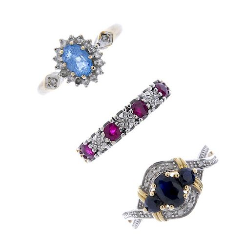 A selection of three 9ct gold diamond and gem-set rings. To include a ruby and diamond seven-stone r