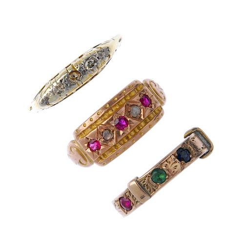 A selection of three early 20th century 9ct gold rings. To include an Edwardian ruby and diamond fiv