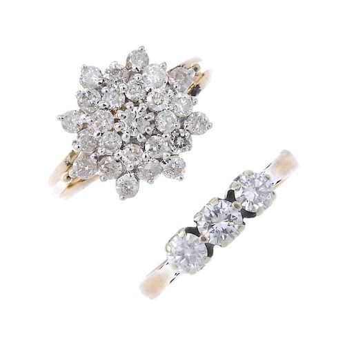 Two 9ct gold diamond rings. To include a brilliant-cut diamond stepped cluster ring, together with a