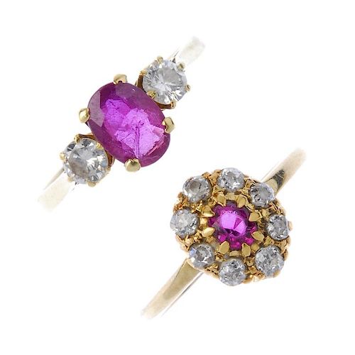 A selection of three 18ct gold ruby and diamond rings. To include an early 20th century oval-shape r