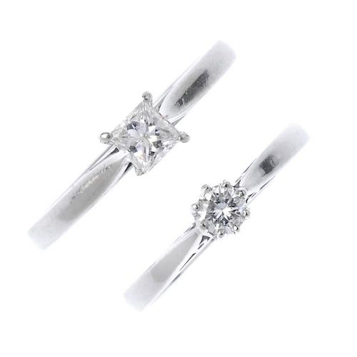 Two platinum diamond single-stone rings. To include a square-shape diamond single-stone ring, togeth