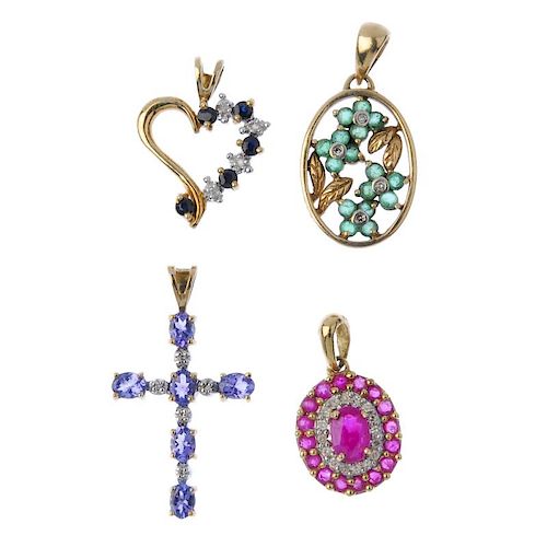 A selection of four 9ct gold diamond and gem-set pendants. To include a ruby and diamond cluster pen