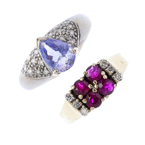 Two 18ct gold diamond and gem-set rings. To include a pear-shape tanzanite and brilliant-cut diamond