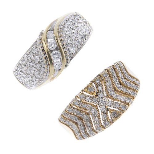 Two 9ct gold diamond dress rings. The first designed as a brilliant-cut diamond scrolling line with
