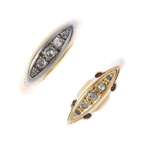 Two mid 20th century 18ct gold diamond five-stone rings. To include a 1940s single-cut diamond and d