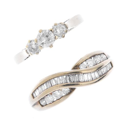 Two 9ct gold diamond rings. To include a vari-cut diamond crossover band ring, together with a brill