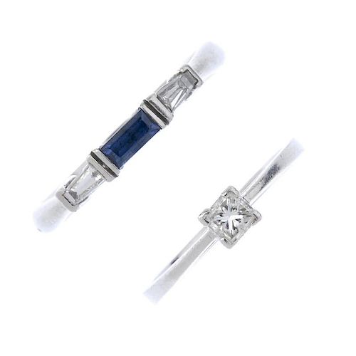 Two platinum diamond and gem-set rings. To include a rectangular-shape sapphire band ring with taper