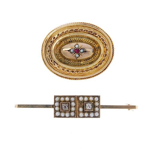 Two gem-set and diamond brooches. To include an early 20th century 9ct gold old-cut diamond and spli