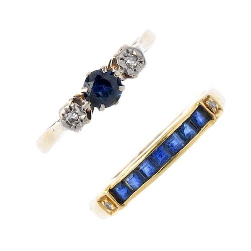 Two sapphire and diamond dress rings. The first designed as a square-shape sapphire line with single