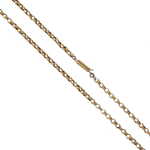 An early 20th century 9ct gold chain. The belcher-link chain, to the push-piece clasp. Length 48.6cm