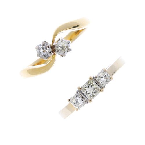 Two diamond dress rings. To include an old-cut diamond crossover ring, together with a graduated squ