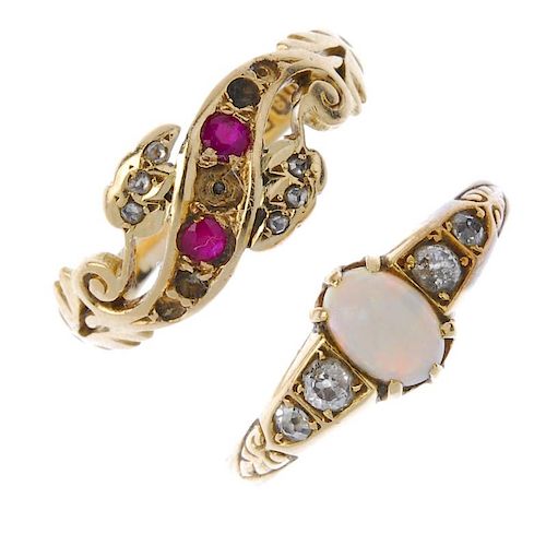 Two 18ct gold diamond and gem-set rings. To include a late Victorian opal and diamond dress ring and