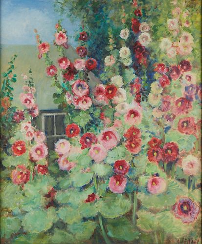 Alice Hugy Flowers and House Oil on Board
