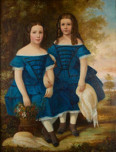 Traditional Double Portrait of Two Girls in Blue Dresses