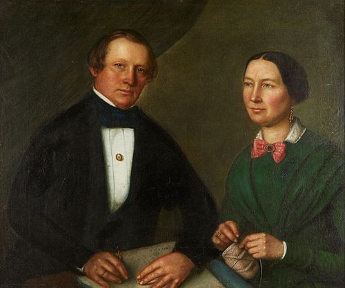 19th c. American School Double Portrait Oil on Canvas on Aluminum