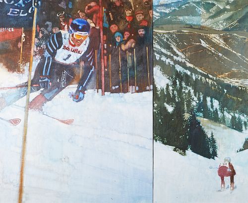 Bernie Fuchs "Skiing" Oil on Canvas Diptych