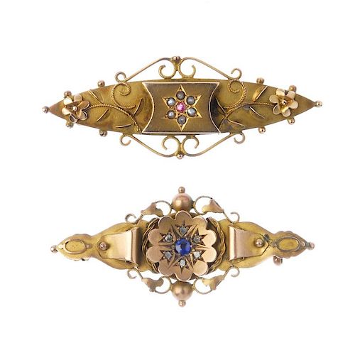 A selection of gem-set fobs and brooches. To include two early 20th century 9ct gold gem-set and dia