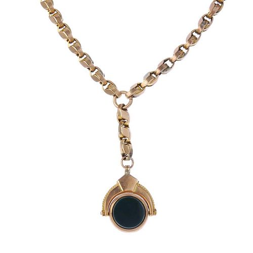 A late 19th century 9ct gold Albert and hardstone swivel fob. The fancy-link Albert chain, suspendin