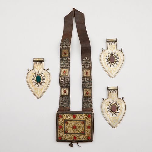 Grp: 4 Turkmen & Afghani Silver Pendants & Leather Pouch