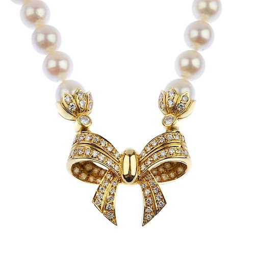 (536178-1-A) An 18ct gold cultured pearl and diamond necklace. The front designed as a pave-set diam