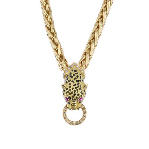 (536178-3-A) An 18ct gold enamel and gem-set leopard necklace. The leopard mask, with black enamel s