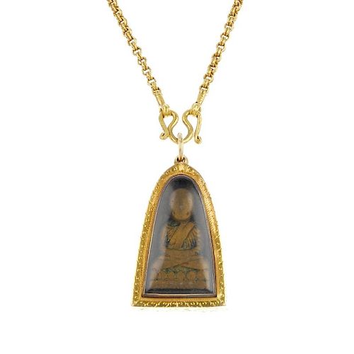 (540443-2-A) Two pendants and necklaces. Each designed as a religious figure, encased within a plast