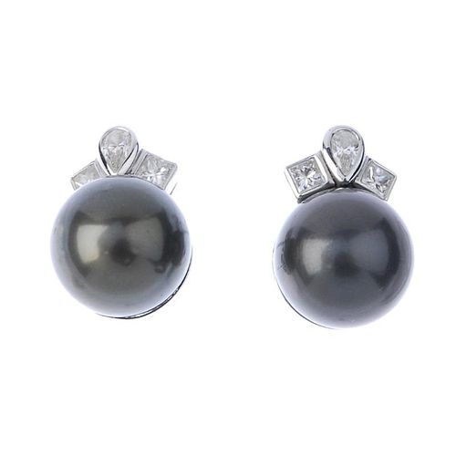 (541094-1-A) A pair of diamond and cultured pearl earrings. Each designed as a grey cultured pearl,