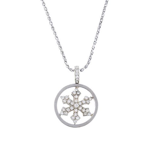 (541226-3-A) A diamond pendant. The brilliant-cut diamond snowflake, with plain halo and similarly-c